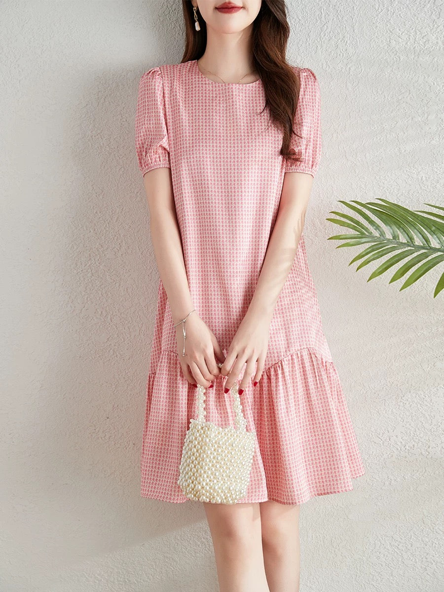 2025 summer new style temperament round neck short sleeve dress casual loose houndstooth medium long skirt women's clothing
