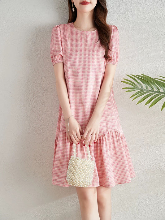 2025 summer new style temperament round neck short sleeve dress casual loose houndstooth medium long skirt women's clothing
