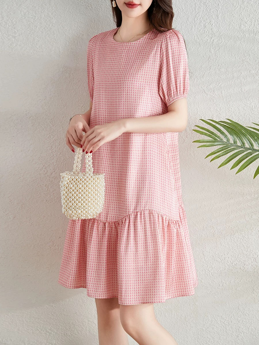 2025 summer new style temperament round neck short sleeve dress casual loose houndstooth medium long skirt women's clothing