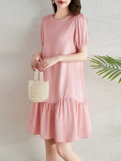 2025 summer new style temperament round neck short sleeve dress casual loose houndstooth medium long skirt women's clothing