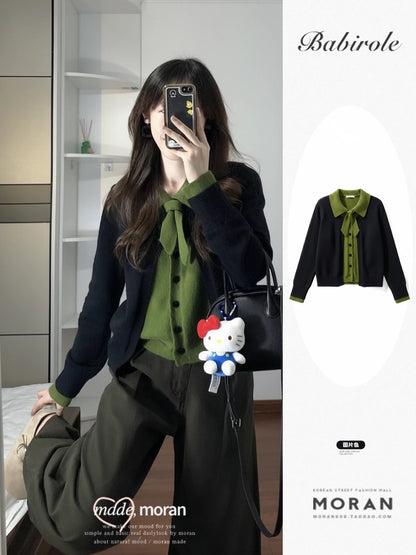 Women's designer two-piece color-blocked knit cardigan with collar and buttons, short coat, retro style, sophisticated autumn and winter top.