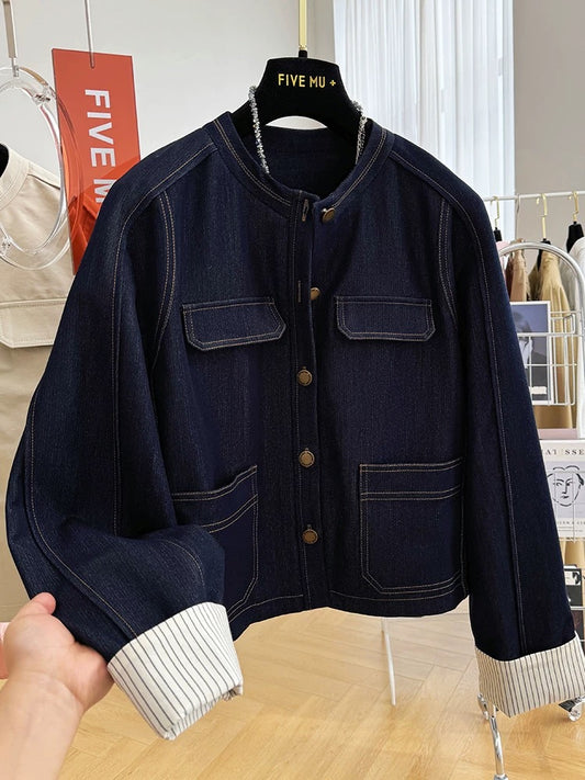 2025 super hot new style high-end stylish round neck short denim jacket women's spring and autumn Korean casual thin jacket