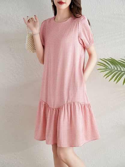 2025 summer new style temperament round neck short sleeve dress casual loose houndstooth medium long skirt women's clothing