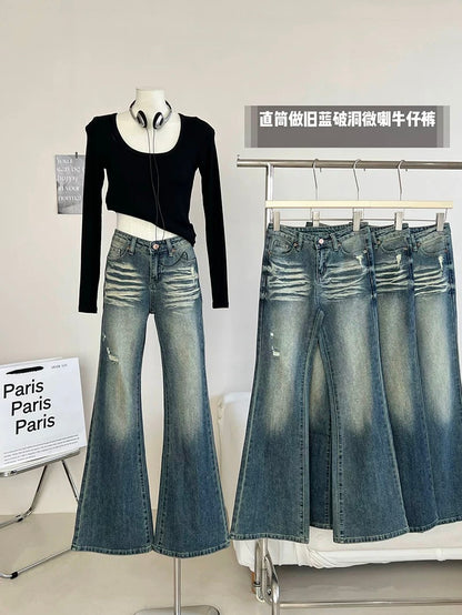Dolaimei distressed blue ripped flared jeans 2023 new women's straight pants autumn trousers wide-leg pants