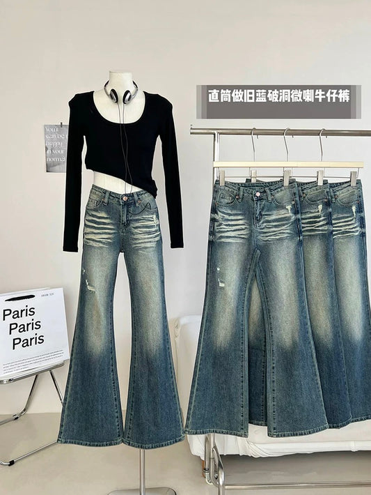 Dolaimei distressed blue ripped flared jeans 2023 new women's straight pants autumn trousers wide-leg pants