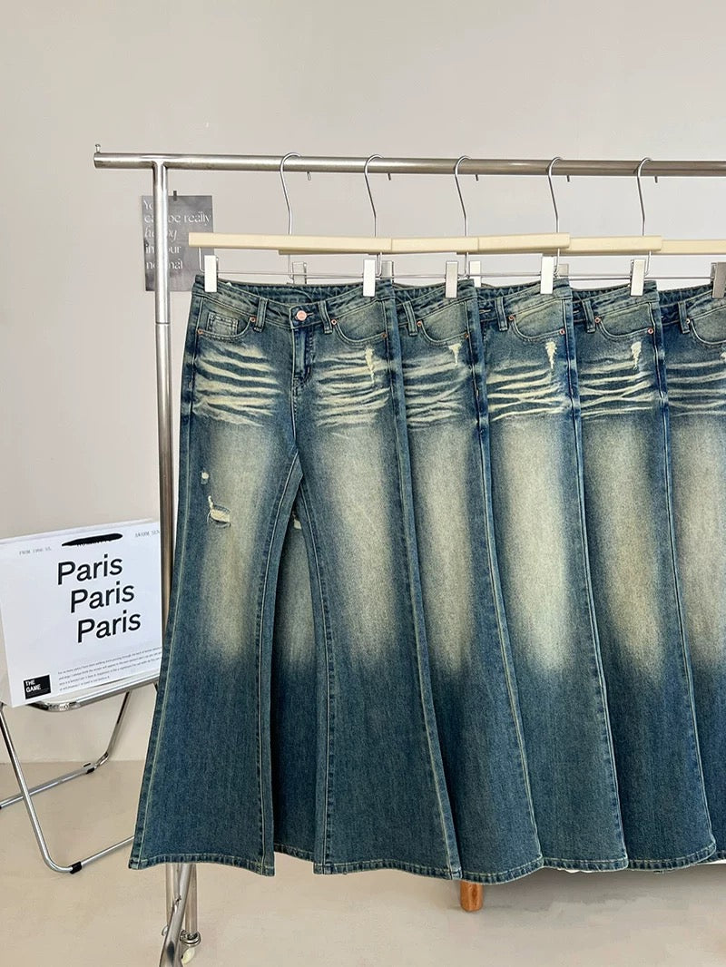 Dolaimei distressed blue ripped flared jeans 2023 new women's straight pants autumn trousers wide-leg pants