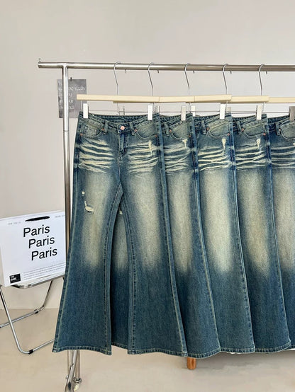 Dolaimei distressed blue ripped flared jeans 2023 new women's straight pants autumn trousers wide-leg pants