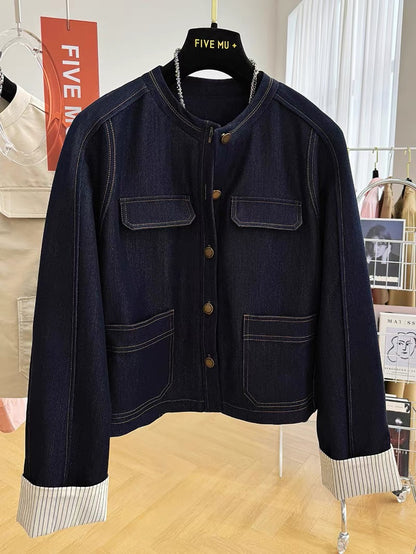 2025 super hot new style high-end stylish round neck short denim jacket women's spring and autumn Korean casual thin jacket