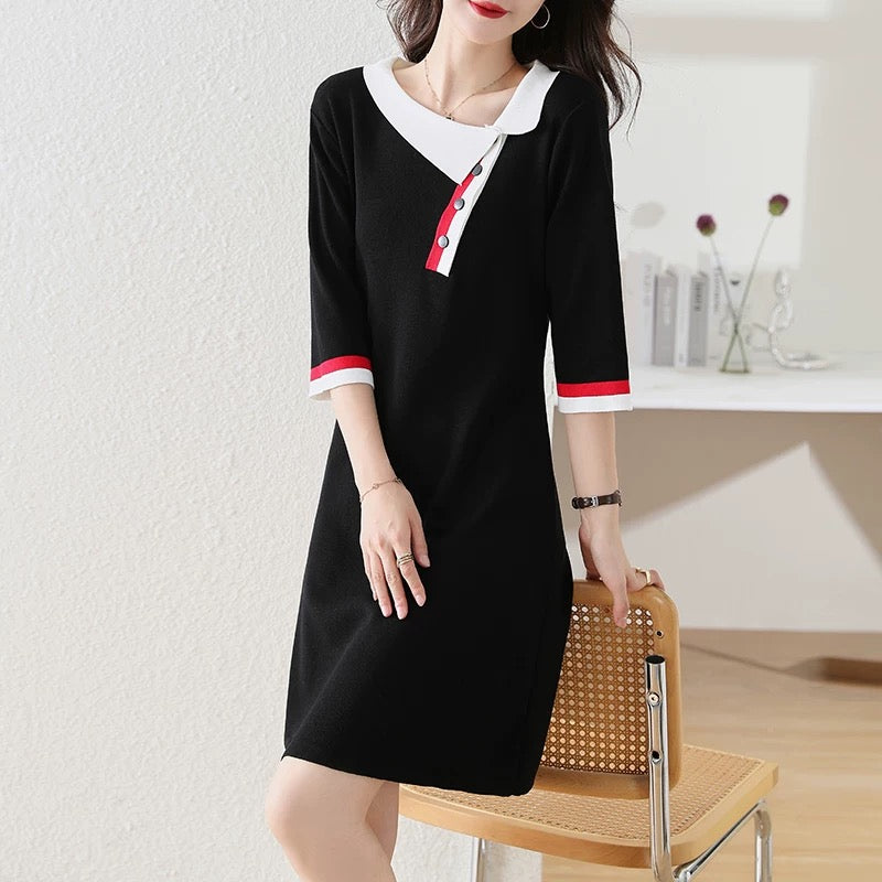 Knitted slim contrast color five-point sleeve dress black temperament straight skirt European station spring and autumn 2025 new women