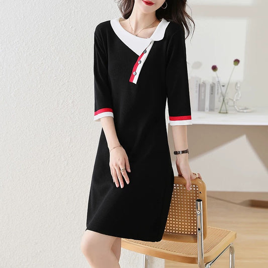 Knitted slim contrast color five-point sleeve dress black temperament straight skirt European station spring and autumn 2025 new women