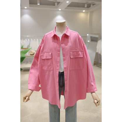 Korean style double pocket small letter embroidery 2024 spring loose mid-length washed cotton long-sleeved denim shirt for women