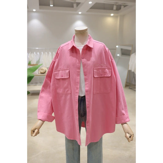 Korean style double pocket small letter embroidery 2024 spring loose mid-length washed cotton long-sleeved denim shirt for women
