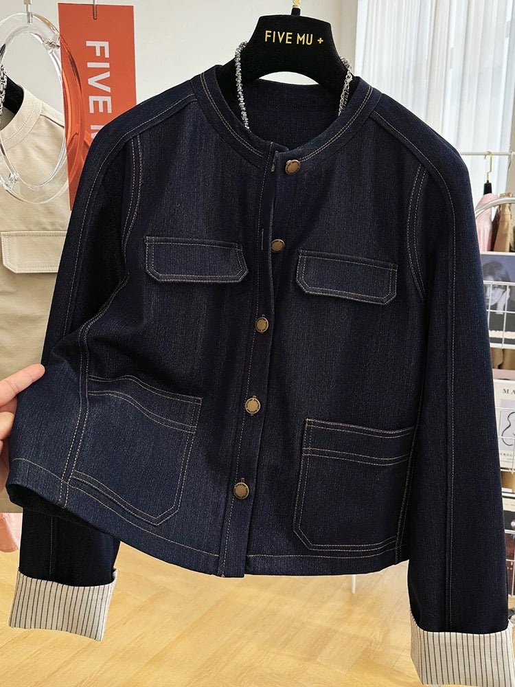 2025 super hot new style high-end stylish round neck short denim jacket women's spring and autumn Korean casual thin jacket