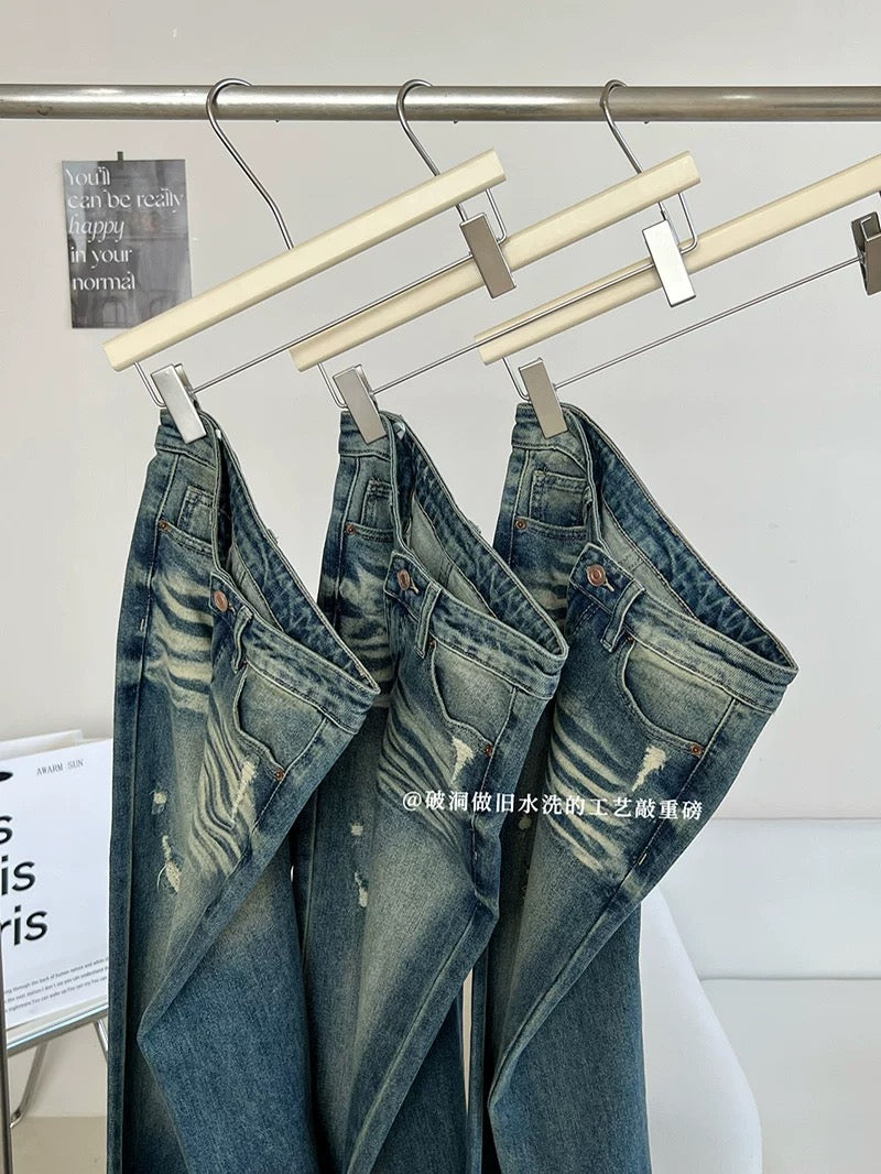 Dolaimei distressed blue ripped flared jeans 2023 new women's straight pants autumn trousers wide-leg pants