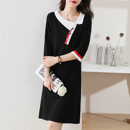 Knitted slim contrast color five-point sleeve dress black temperament straight skirt European station spring and autumn 2025 new women