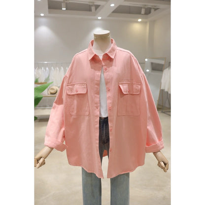 Korean style double pocket small letter embroidery 2024 spring loose mid-length washed cotton long-sleeved denim shirt for women