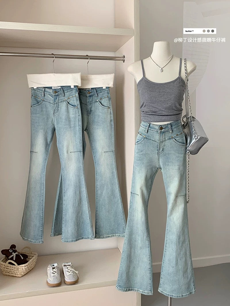 Duolaimei blue rivet distressed jeans for women spring hot girl slim mid-high waist heavy duty floor-length flared pants