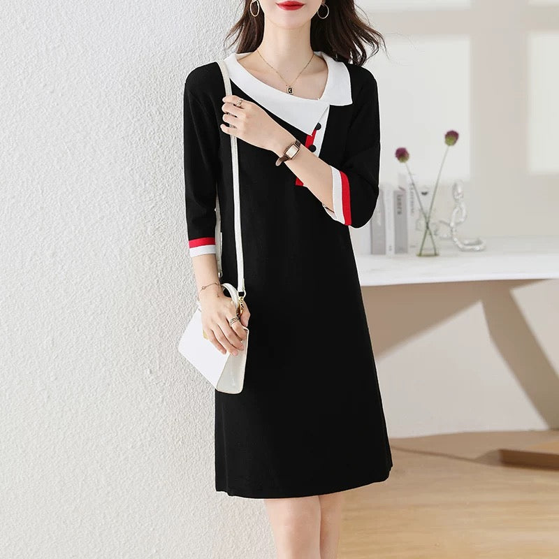 Knitted slim contrast color five-point sleeve dress black temperament straight skirt European station spring and autumn 2025 new women