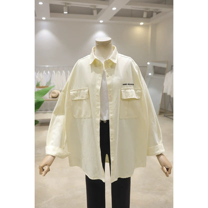 Korean style double pocket small letter embroidery 2024 spring loose mid-length washed cotton long-sleeved denim shirt for women