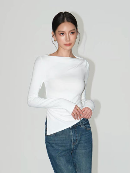 NEVA HU Women’s Asymmetric Long-Sleeve Knit Top – A Sophisticated, Slim-Fit, Waist-Defining Piece with a Stylish, Elevated Aesthetic