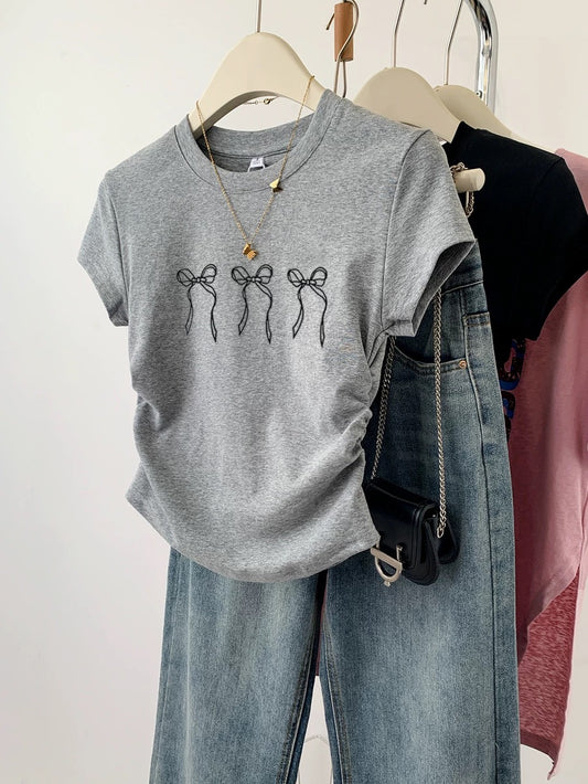 Gray bow right shoulder short sleeve t-shirt for women summer 2024 new hot style slim short t-shirt top summer