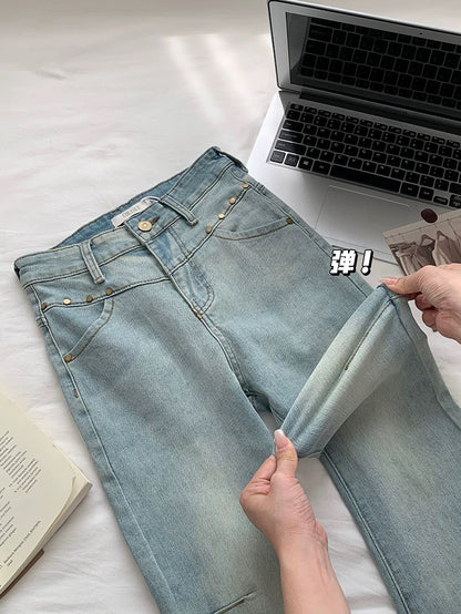 Duolaimei blue rivet distressed jeans for women spring hot girl slim mid-high waist heavy duty floor-length flared pants