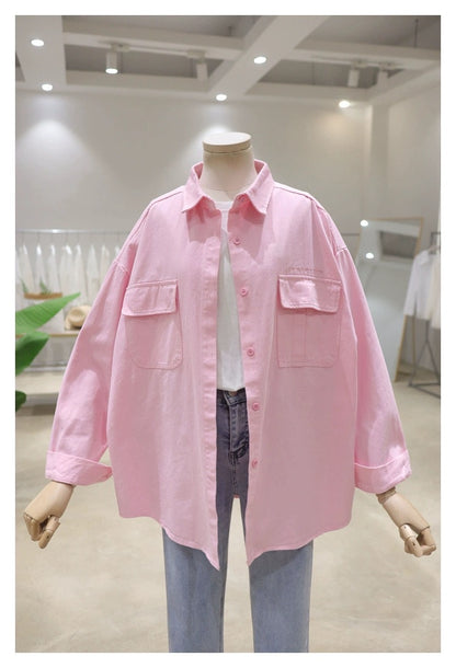 Korean style double pocket small letter embroidery 2024 spring loose mid-length washed cotton long-sleeved denim shirt for women
