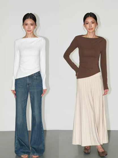 NEVA HU Women’s Asymmetric Long-Sleeve Knit Top – A Sophisticated, Slim-Fit, Waist-Defining Piece with a Stylish, Elevated Aesthetic