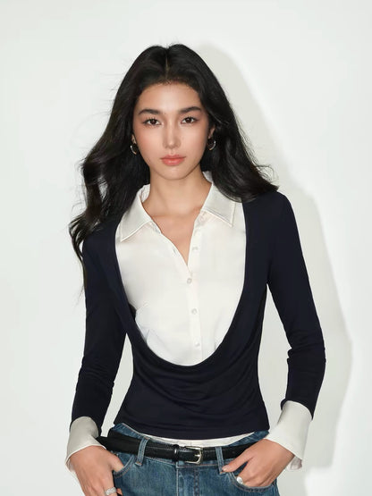 NEVA HU Women’s Faux-Layered Long-Sleeve Top – A Unique, Color-Block Design Combining a Shirt and Knitwear