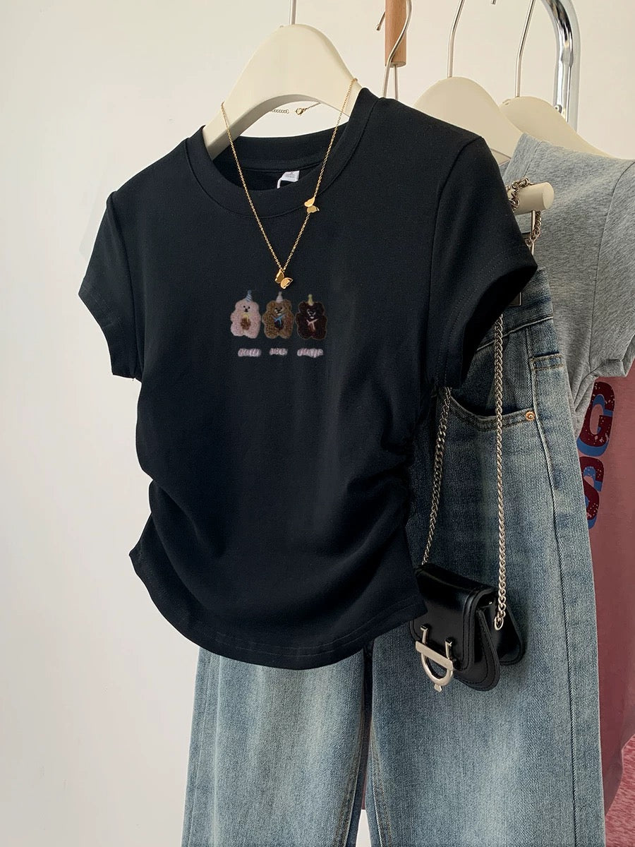 Gray bear right shoulder short sleeve t-shirt for women summer 2024 new hot style slim short t-shirt top summer