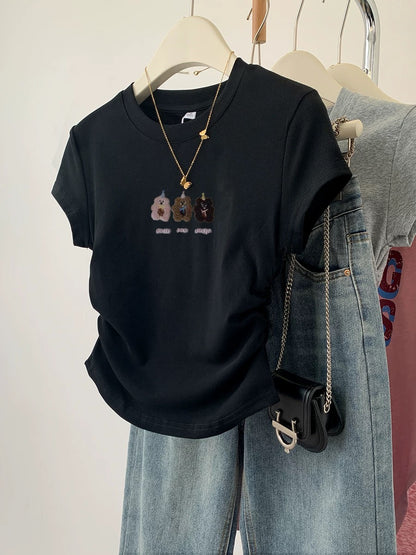 Gray bear right shoulder short sleeve t-shirt for women summer 2024 new hot style slim short t-shirt top summer
