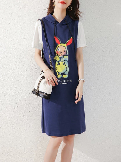 European station 2025 summer new Korean version cartoon casual stitching loose fake two-piece hooded t-shirt dress for women