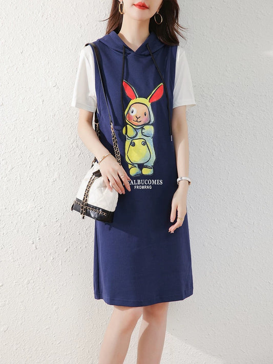 European station 2025 summer new Korean version cartoon casual stitching loose fake two-piece hooded t-shirt dress for women