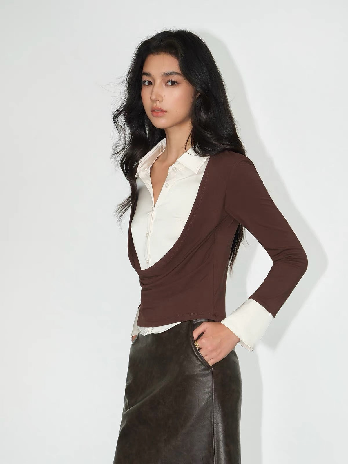 NEVA HU Women’s Faux-Layered Long-Sleeve Top – A Unique, Color-Block Design Combining a Shirt and Knitwear