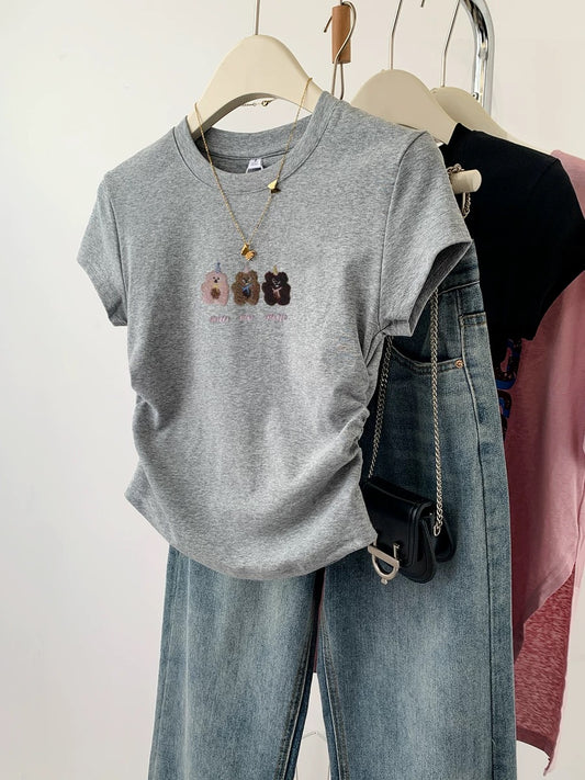 Gray bear right shoulder short sleeve t-shirt for women summer 2024 new hot style slim short t-shirt top summer