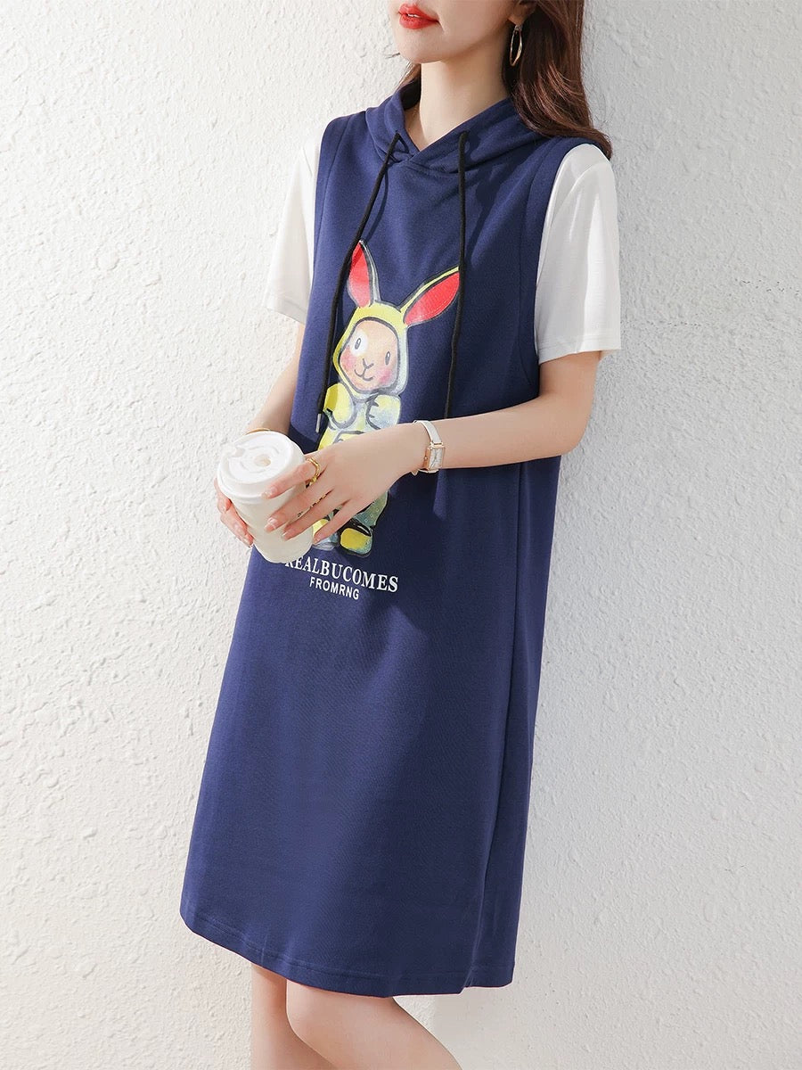 European station 2025 summer new Korean version cartoon casual stitching loose fake two-piece hooded t-shirt dress for women