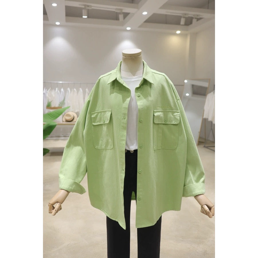 Korean style double pocket small letter embroidery 2024 spring loose mid-length washed cotton long-sleeved denim shirt for women