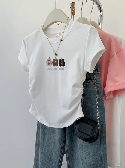 Gray bear right shoulder short sleeve t-shirt for women summer 2024 new hot style slim short t-shirt top summer