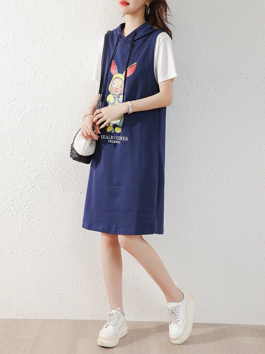 European station 2025 summer new Korean version cartoon casual stitching loose fake two-piece hooded t-shirt dress for women