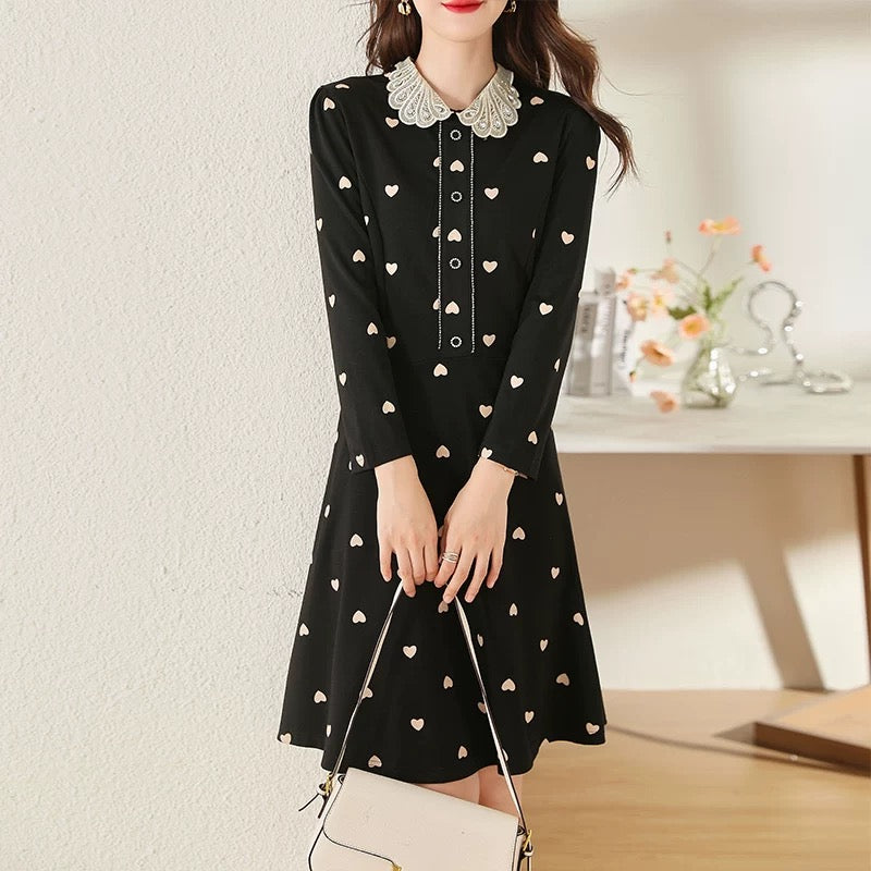 Temperament Spring and Autumn 2025 New Women's Fashion Love Slim Medium Length Celebrity Doll Collar Dress Thin