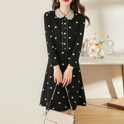 Temperament Spring and Autumn 2025 New Women's Fashion Love Slim Medium Length Celebrity Doll Collar Dress Thin