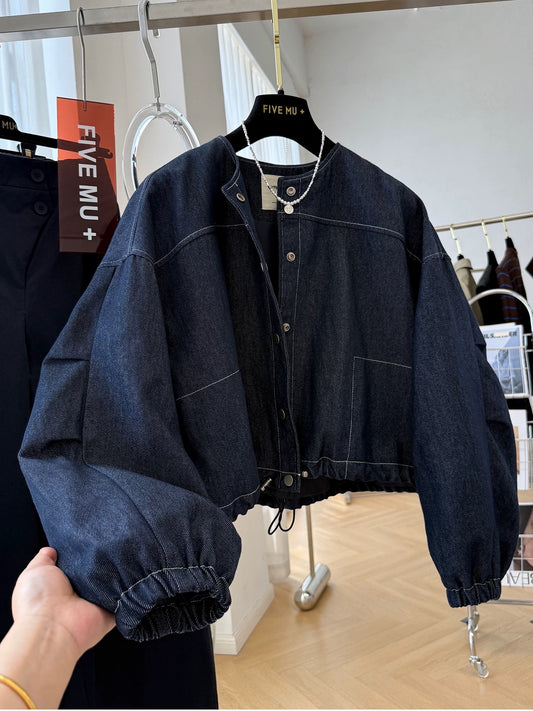 Korean style casual round neck denim jacket for women autumn great looking short Korean chic jacket