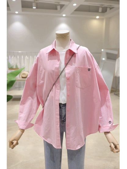 Pocket small smiley face love embroidery 2024 spring new loose slim cotton long-sleeved shirt women's casual shirt
