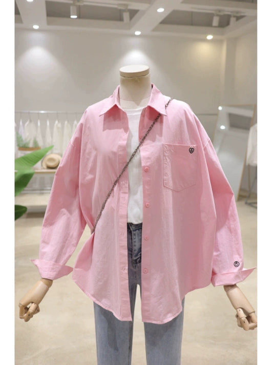 Pocket small smiley face love embroidery 2024 spring new loose slim cotton long-sleeved shirt women's casual shirt