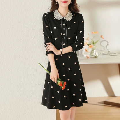 Temperament Spring and Autumn 2025 New Women's Fashion Love Slim Medium Length Celebrity Doll Collar Dress Thin