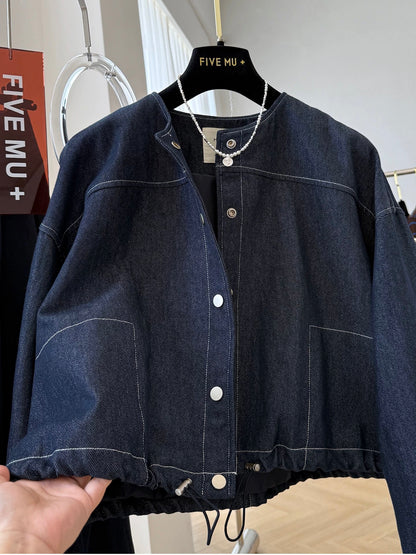 Korean style casual round neck denim jacket for women autumn great looking short Korean chic jacket
