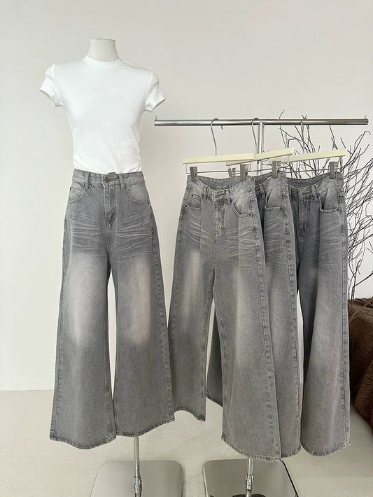 Dolaimei Retro High Street Washed Light-Colored Jeans Women Spring and Autumn Style High Waist Loose Wide Leg Straight Long Pants