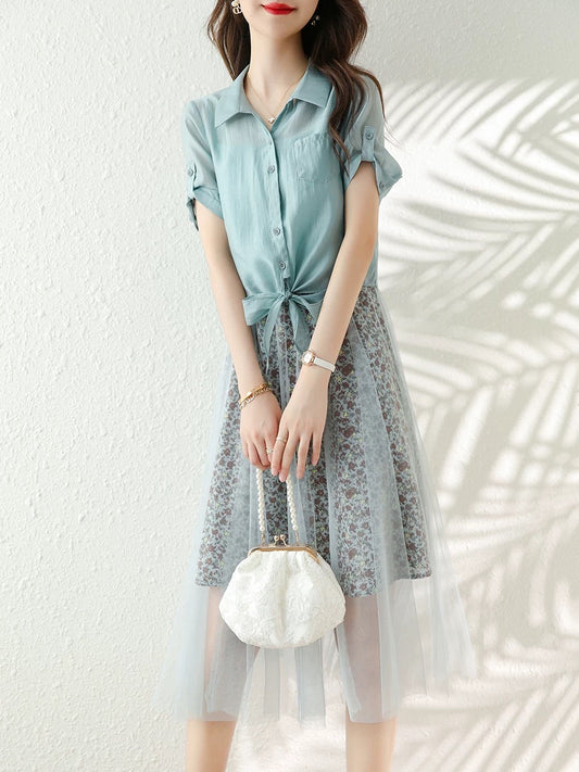 2025 new mesh stitching high-end stylish suspender skirt two-piece floral chiffon dress women's suit summer