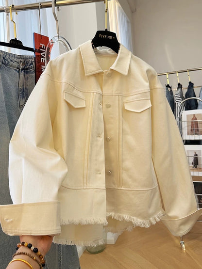 High-end unique and chic raw-edged workwear denim jacket for women 2025 spring and autumn style super good-looking casual jacket