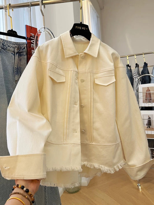 High-end unique and chic raw-edged workwear denim jacket for women 2025 spring and autumn style super good-looking casual jacket